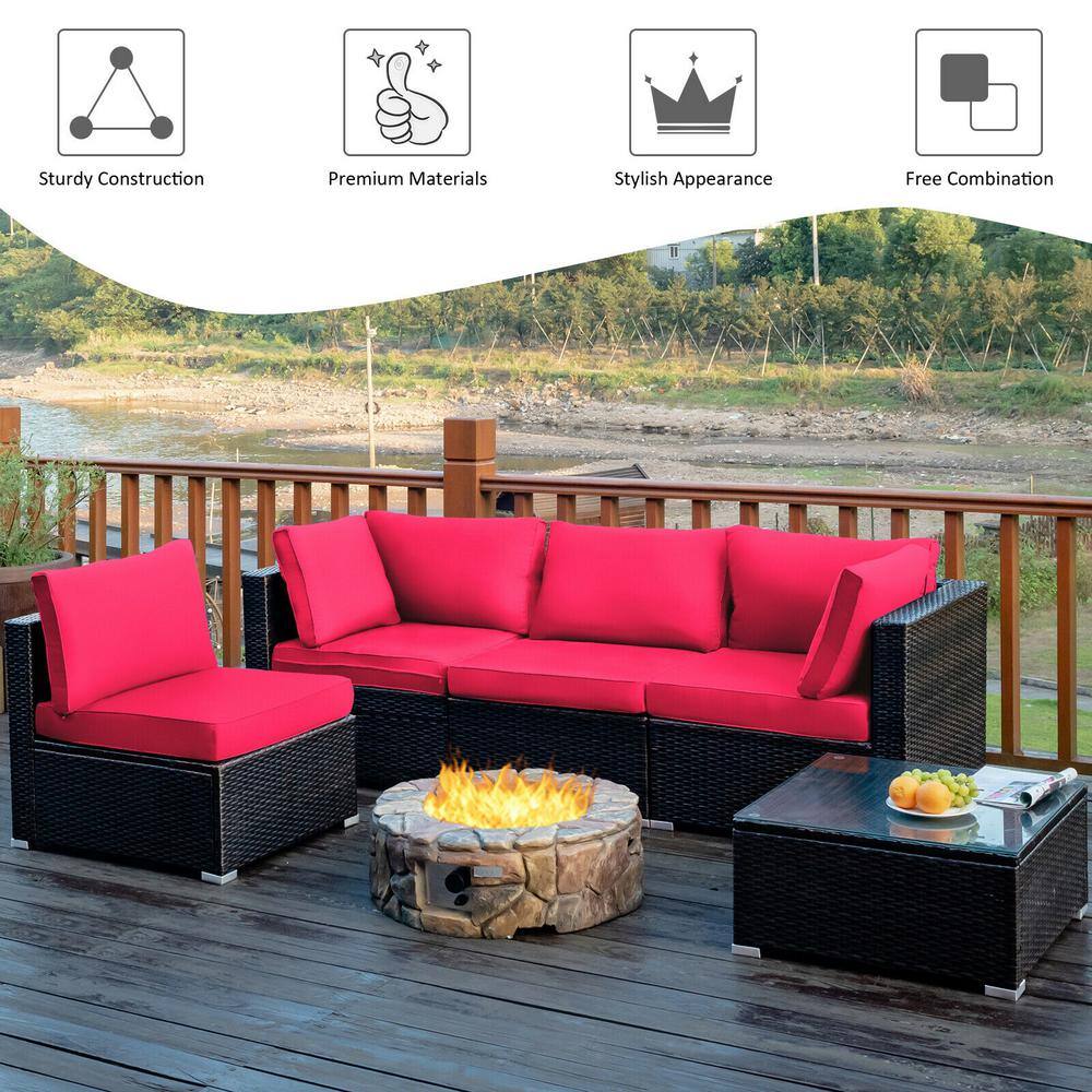 5-Piece Red Cushioned Rattan Patio Furniture Set with Ottoman