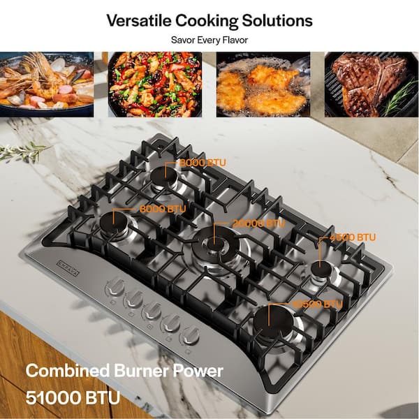 30 in. Built-in Gas Cooktop Gas Stove in Stainless Steel with 5 Sealed Burners