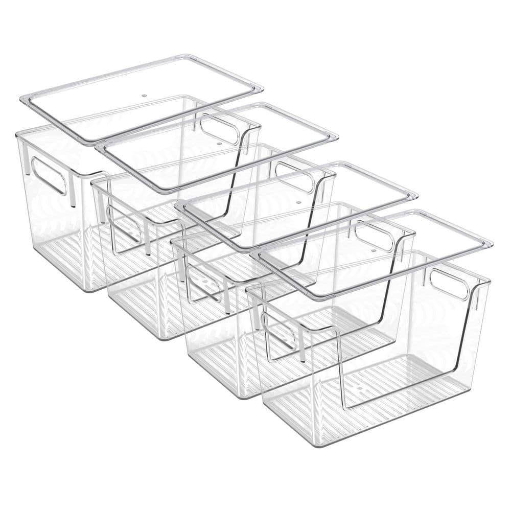Clear 12 in. x 7 in. Plastic Stackable Storage Bins with Lids, Set of 4 Pantry Organizers for Kitchen and Laundry