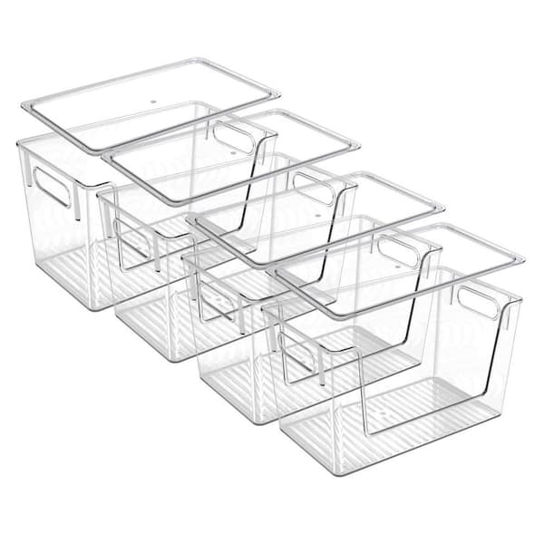Clear 12 in. x 7 in. Plastic Stackable Storage Bins with Lids, Set of 4 Pantry Organizers for Kitchen and Laundry