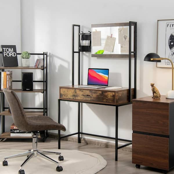 33 in. W x 16 in. D x 59 in. H Industrial Vanity Table with 3-Height Adjustable Mirror Storage Bag Large Drawer