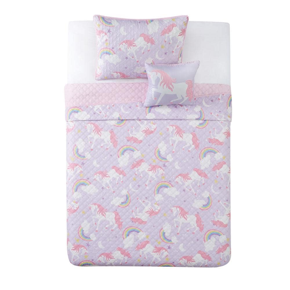 Purple Twin Unicorn and Rainbow Microfiber Quilt Set