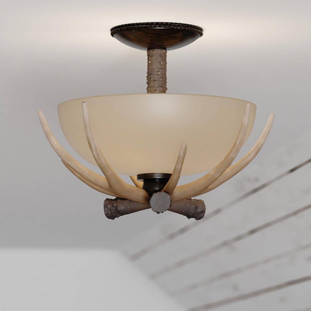 Rustic Antler 12" Black Walnut Semi-Flush Ceiling Light with Creme Glass