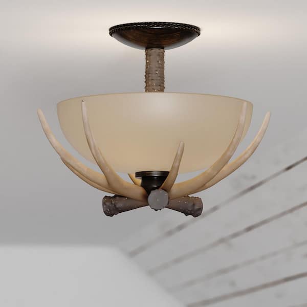 VAXCEL Yoho 12-in W Bronze Rustic Antler Bowl Semi Flush Mount Ceiling Light Cream Glass
