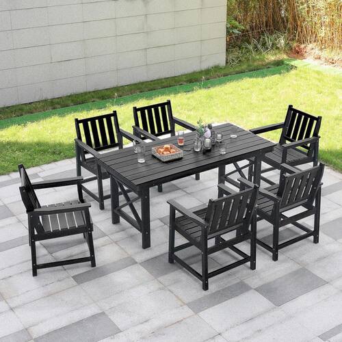 Black 7-Piece HDPE Plastic Patio Outdoor Dining Set with 6-Arm