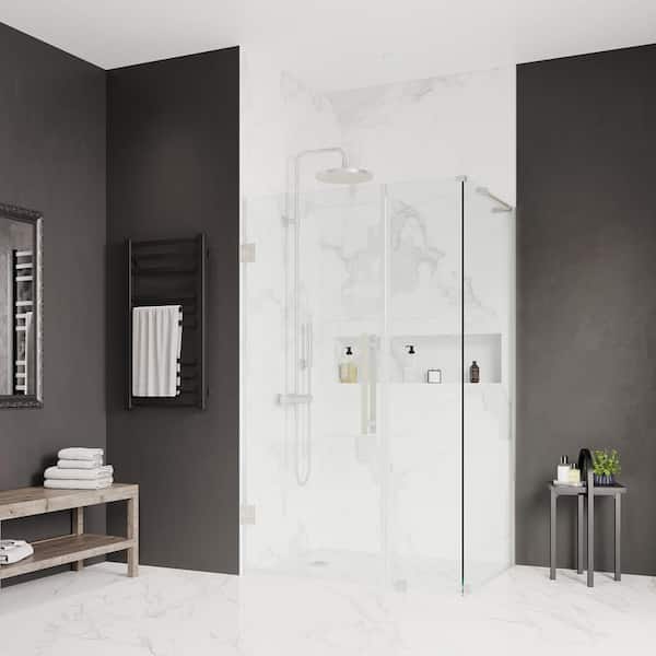 OVE Decors Tampa-Pro 35 13/16 in. W x 72 in. H Rectangular Pivot Frameless Corner Shower Enclosure in Satin Nickel