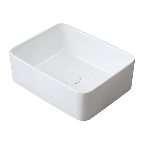 Vessel Bathroom Sink Basin in White Ceramic Single Basin Ceramic Farmhouse Kitchen Sink with Basket Strainer