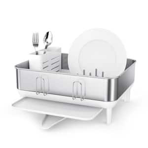 Compact Kitchen Steel Frame Dish Rack with Swivel SpOut, White Plastic