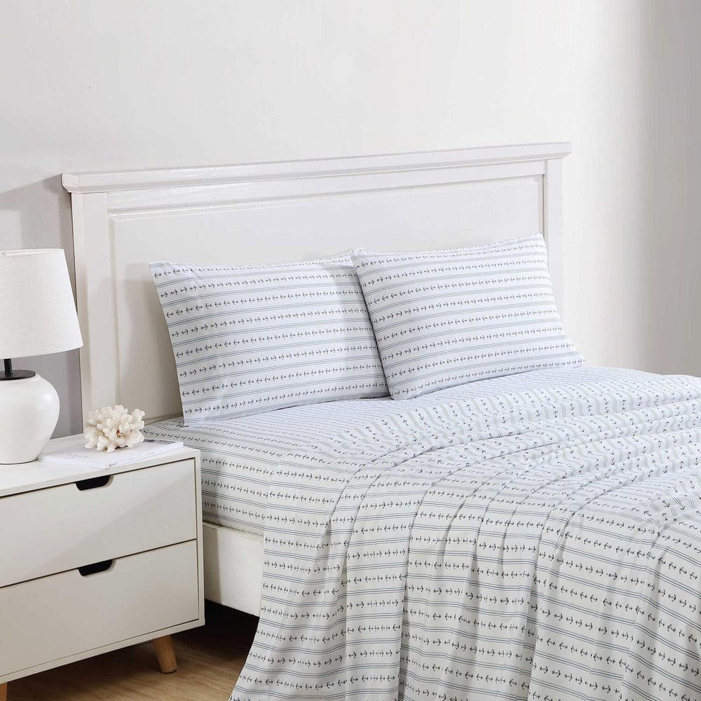 Anchor Lines Blue Cotton Percale Queen Sheet Set