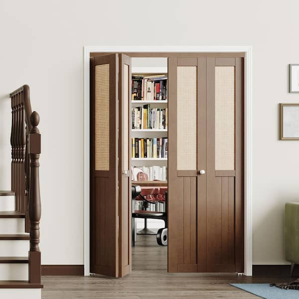 48 in. x 80 in. Half Webbing Half Panel, MDF,Cherry, Solid Core, Composite, PVC Covering Bi-Fold Door with Hardware Kits