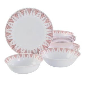 Piper Point 12-Pcs Opal Glass Dinnerware Set in White With Red Accents