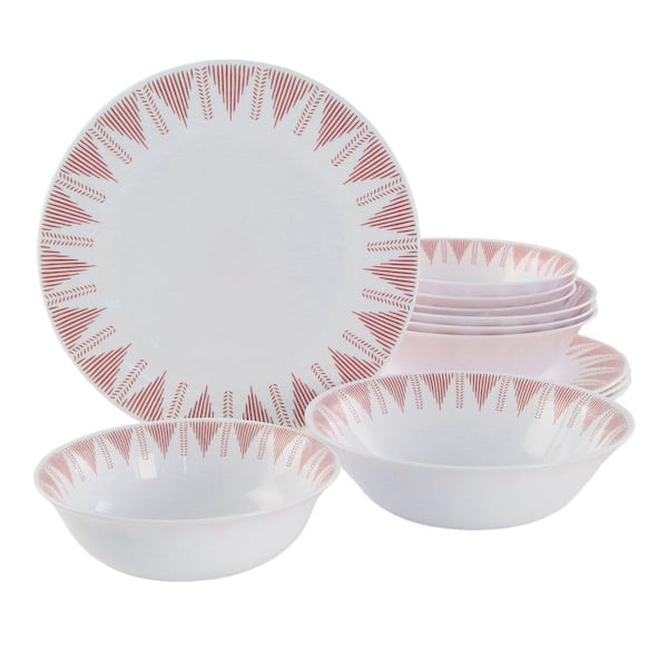 ULTRA BY GIBSON Piper Point 12-Pcs Opal Glass Dinnerware Set in White With Red Accents