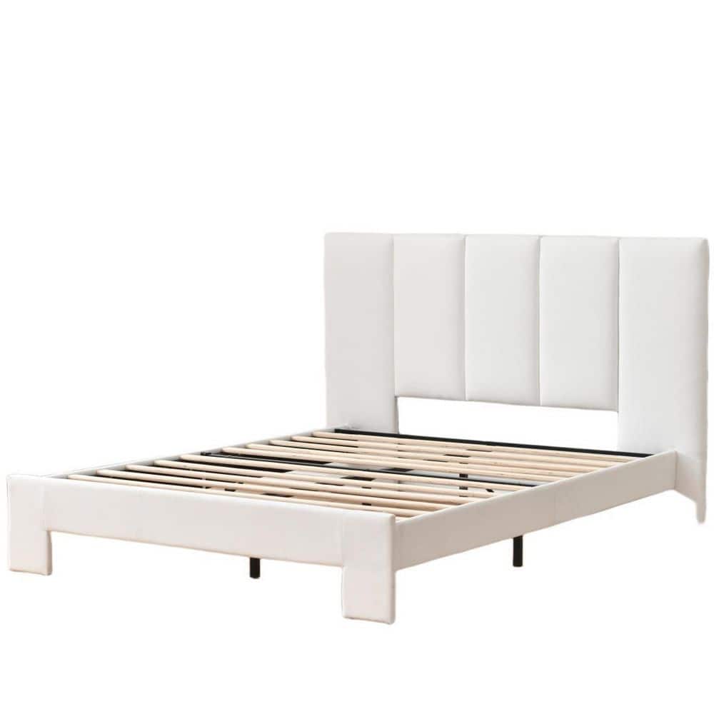 White Plywood Frame Queen Size Upholstered Platform Bed Frame with Headboard, Wooden Slats & Metal Support price history on PriceWatchPro