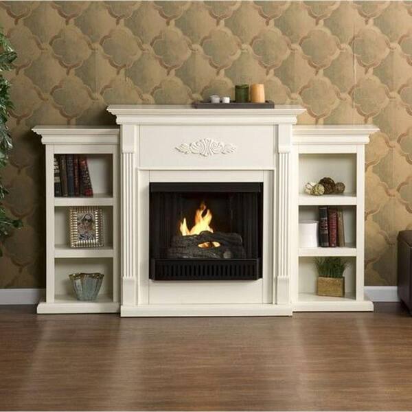 Southern Enterprises Tennyson 70 in. Gel Fuel Fireplace with Bookcases in Ivory