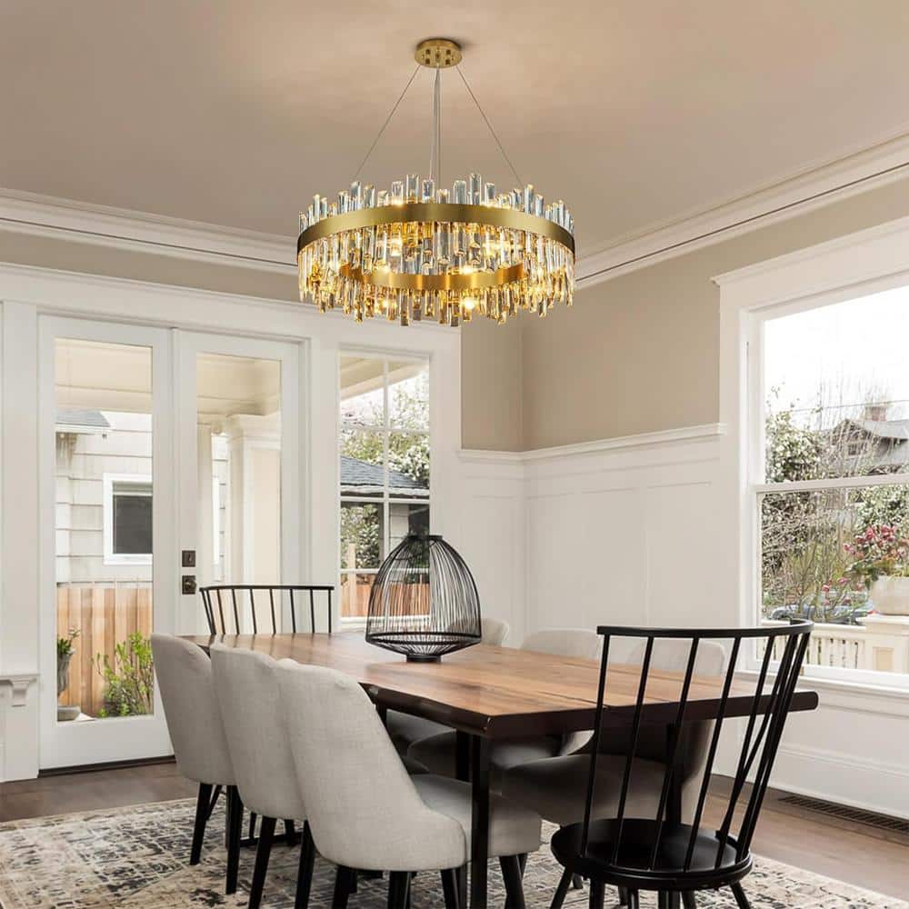 Gold Brass 16-Light Crystal 2-Tier Round Chandelier