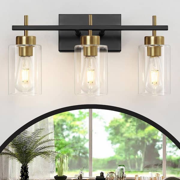 ZSMIHDOH 18.5 in. 3-Light Black and Gold Vanity Light with Clear Glass Shades