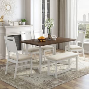 White Farmhouse 6-Pcs Rectangle MDF Top Dining Table Set with 4 Upholstered Chairs and Bench