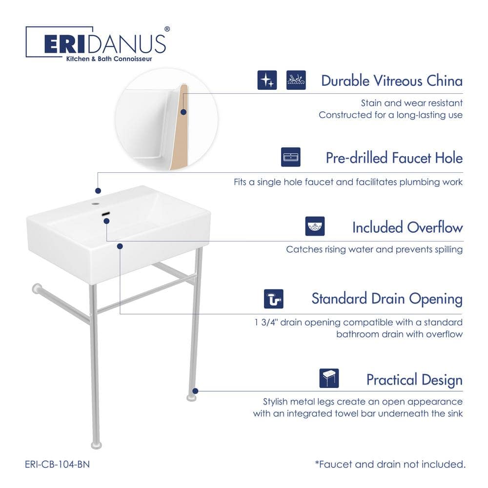 Turner 24" White and Brushed Nickel Ceramic Wall-Mount Console Sink