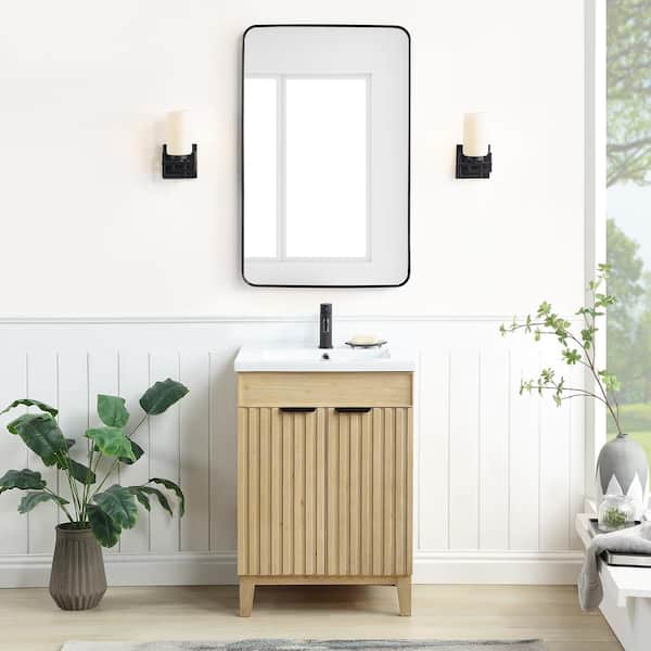 ROSWELL Palos 24 in.W x 18.1 in.D x 34.8 in.H Single Sink Bath Vanity in Natural Brown with White Ceramic Basin Top and Mirror