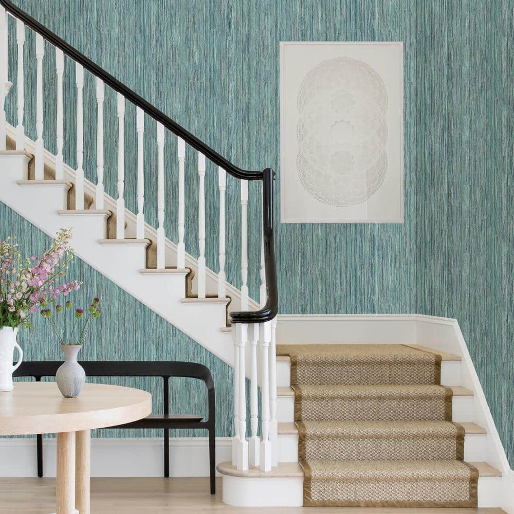 Teal Faux Grasscloth Non-Pasted Washable Wallpaper