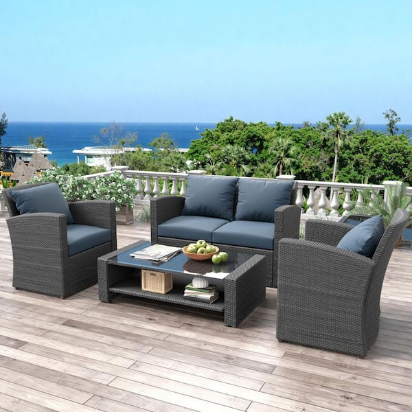 Dark Gray Wicker outdoor Lounge Chair Gray Cushion(4-Pack)