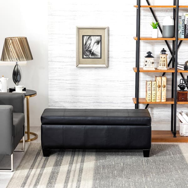 Medora Black Faux Leather Lift-Top Storage Ottoman Bench