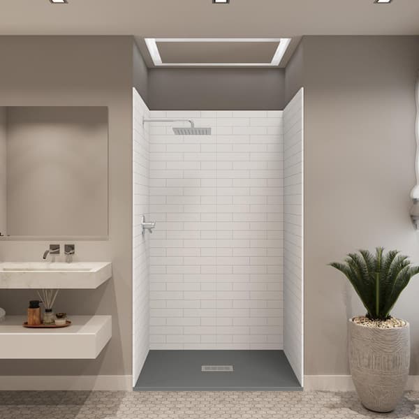 CASTICO 48 in. x 34 in. x 84 in. Solid Composite Stone Shower Kit - Subway Walls and Cntr GR Sand Shower Pan Base