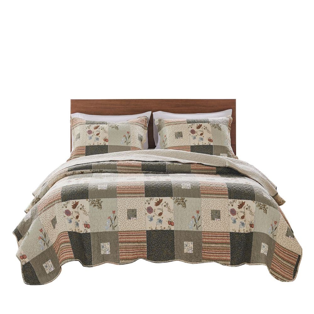 Gray Cotton Reversible Full Quilt Set with Scallop Embellishment
