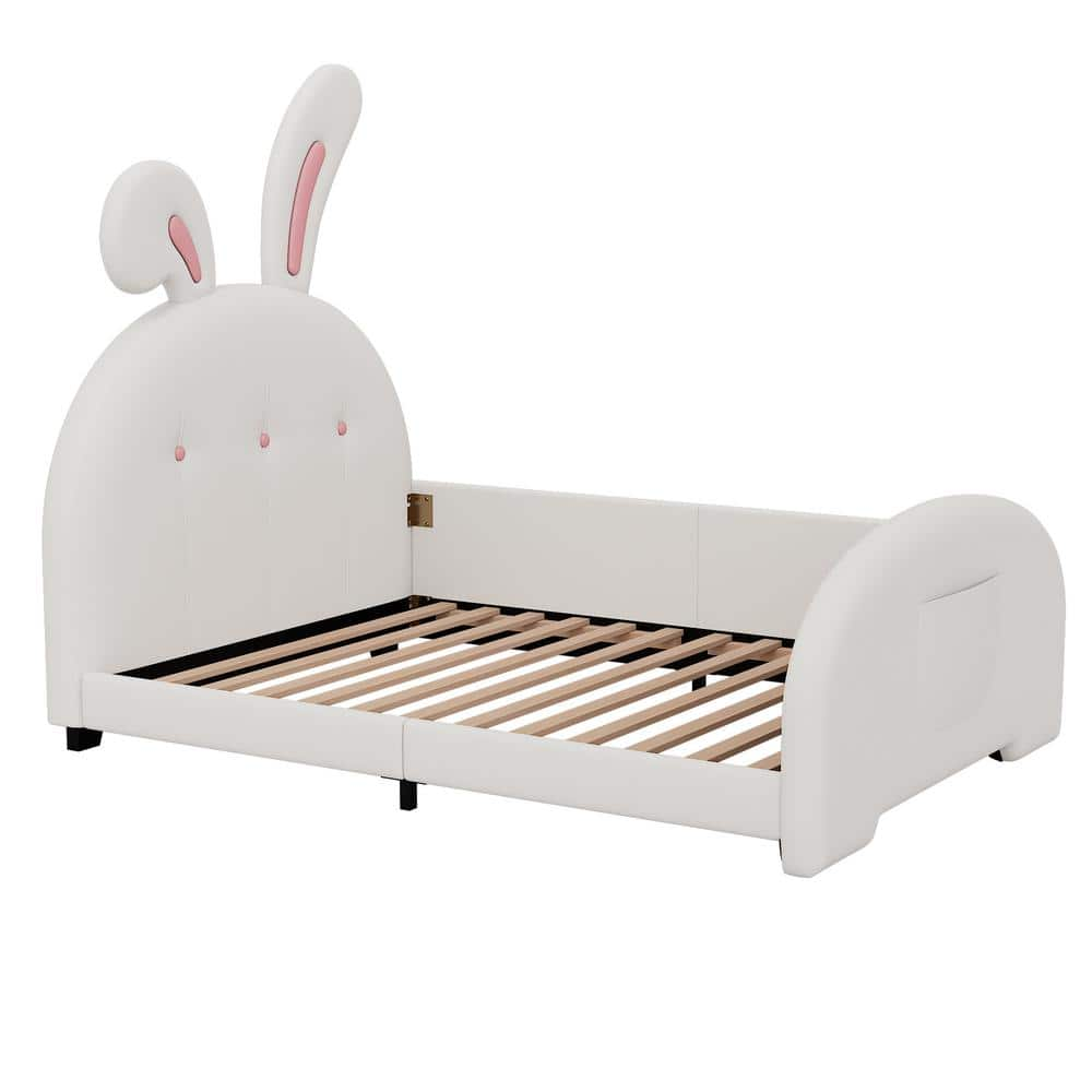 White Wood Frame Twin Size PU Leather Upholstered Platform Bed with Rabbit Ears Headboard, Storage Pocket, Side Bedrail -  Harper & Bright Designs, LHC054AAK