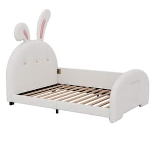 White Wood Frame Twin Size PU Leather Upholstered Platform Bed with Rabbit Ears Headboard, Storage Pocket, Side Bedrail
