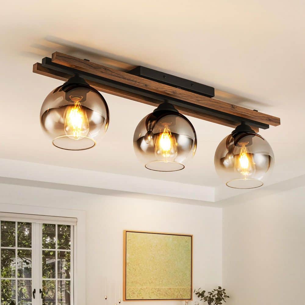 Wendy 31.5 in. 3-Light Modern Vintage Wood/Black Semi-Flush Mount Light with Gradient Gray Glass Globe Shade price history on PriceWatchPro