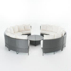 Gray 10-Piece Plastic Outdoor Sectional and Table Set with White Cushions