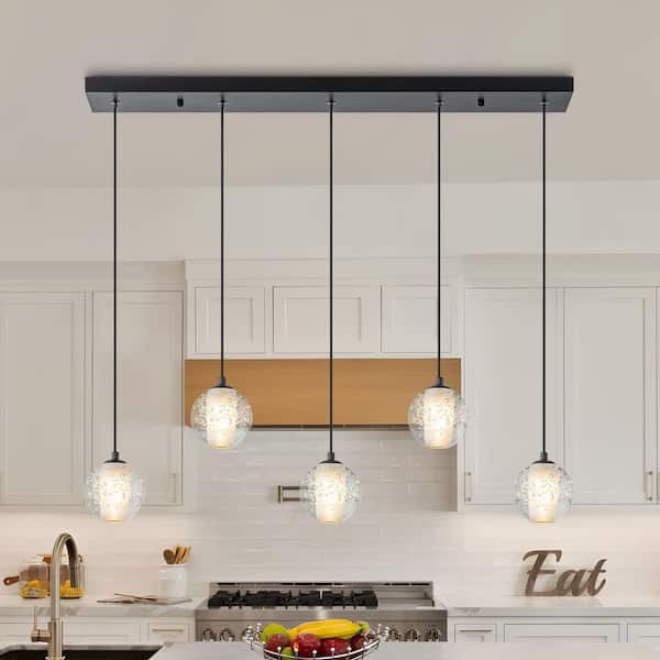 5-Light Black Modern Bubble Glass Globe Pendant Light, Linear Rectangular Ceiling Light for Kitchen Island, Dining Room