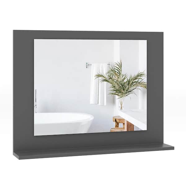 Gymax 23.5 in. W x 17.5 in. H Rectangle Wood Frame Bathroom Mirror w/Shelf in Gray