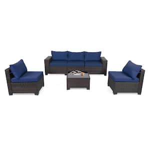 6-Pieces Outdoor Patio Furniture Sets, Rattan Conversation Sectional Set, Manual Wicker Patio Sofa, Dark Blue Cushion