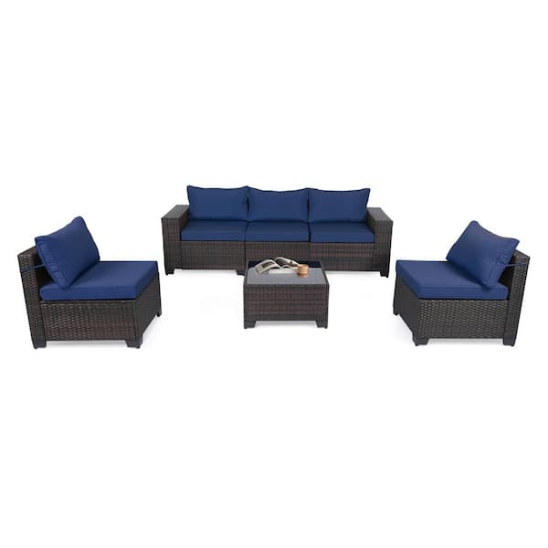 LeveLeve 6-Pieces Outdoor Patio Furniture Sets, Rattan Conversation Sectional Set, Manual Wicker Patio Sofa, Dark Blue Cushion