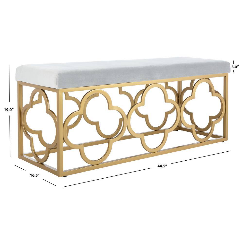 Elegant Fleur Quatrefoil Bench in Gray Velvet and Gold Finish