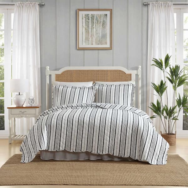 Laura Ashley Stripe Perfection 3-Piece Charcoal Grey/White Full/Queen Cotton Quilt Set