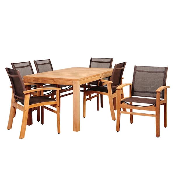 Amazonia Elliot 7-Piece Teak Rectangular Patio Dining Set with Brown Sling Chairs