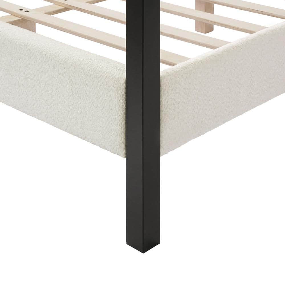 White Queen Canopy Bed with Upholstered Headboard and Wood Frame