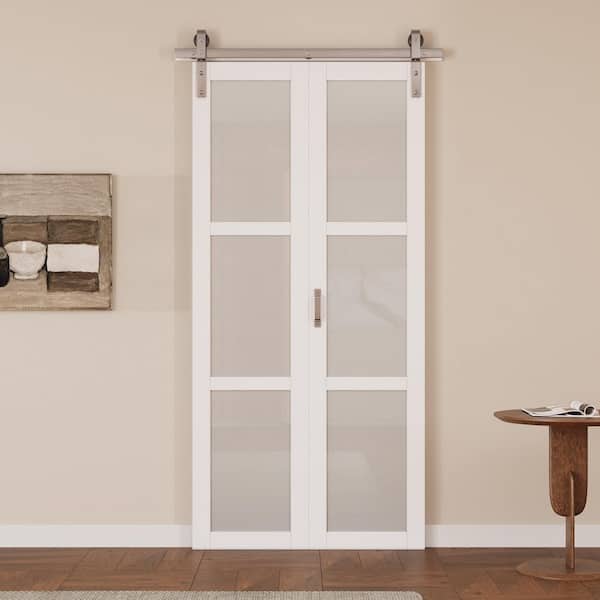 40 in. x 84 in. 3-Lite Tempered Frosted Glass White Finished MDF Bi-Fold Sliding Barn Door with Hardware Kit Nickel