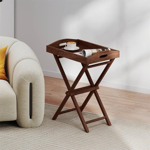 1-Piece 24 in. Solid Teak Wood Rectangle Tray Table 28 in. High Folding Table with Removable Tray Top