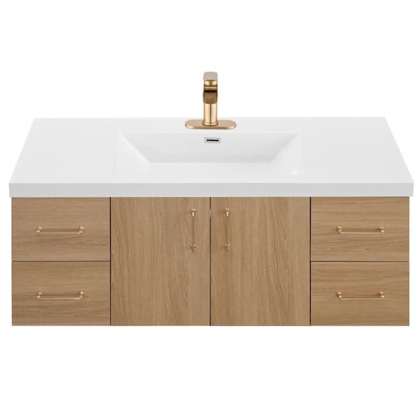 YASINU AeroLux 48 in. W x 19 in. D x 20. 5 in. H Single Sink Floating Natural Wood Bath Vanity with White Resin Integral Top