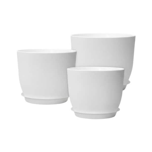 Set of 3 White Modern Large Plastic Planters 12/10/9 Inch with Drainage Holes & Saucers, Indoor Outdoor Flower Pots