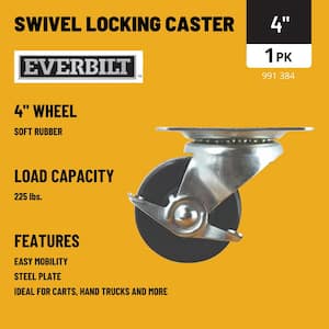 4 in. Black Soft Rubber and Steel Swivel Plate Caster with Locking Brake and 225 lbs. Load Rating