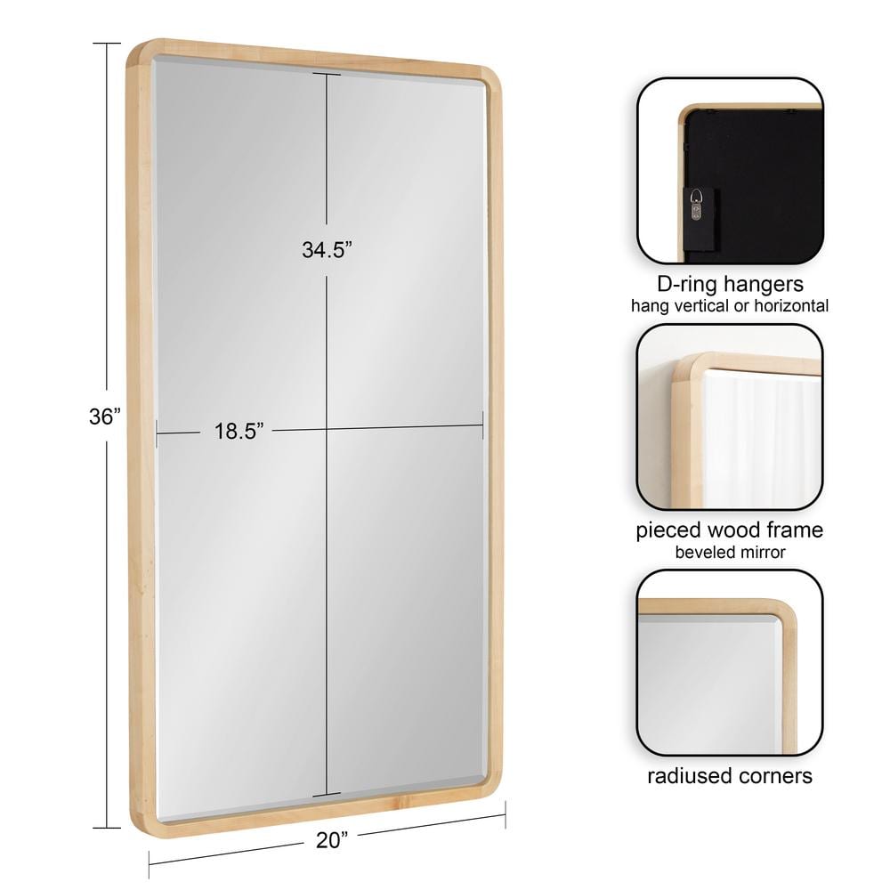 Natural Wood Framed Rounded Rectangle Wall Mirror, 20 x 36