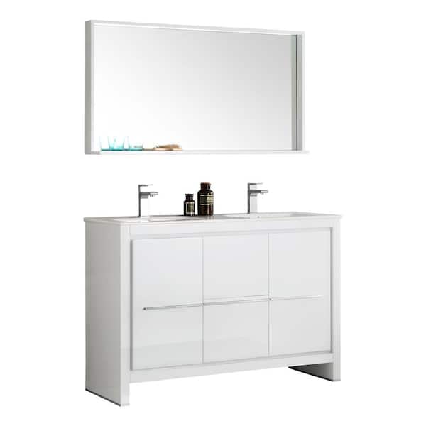 Fresca Allier 48 in. W Vanity in White with Ceramic Vanity Top in White with Double White Basin and Mirror