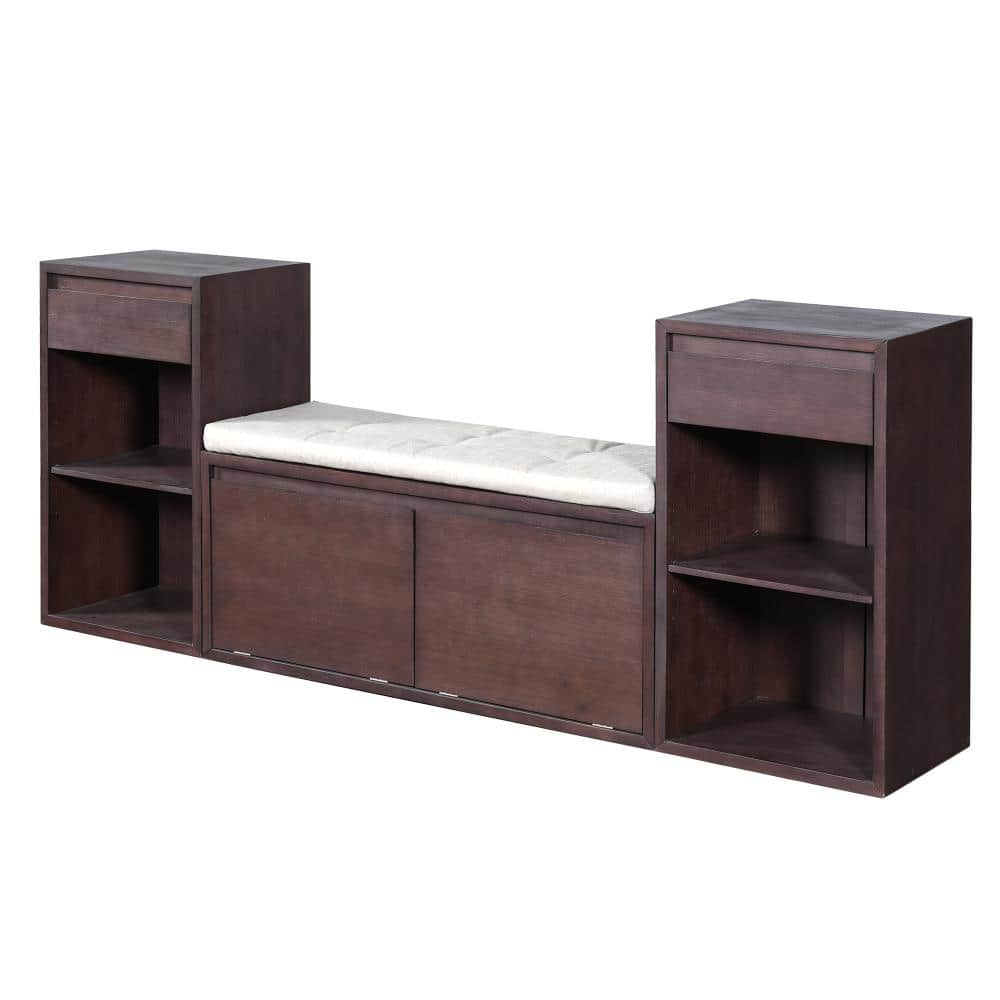 Espresso 31.5 in. H x 77.48 in. W x 31.5 in. H Wood Shoe Storage Bench with Drawers and Open Shelves