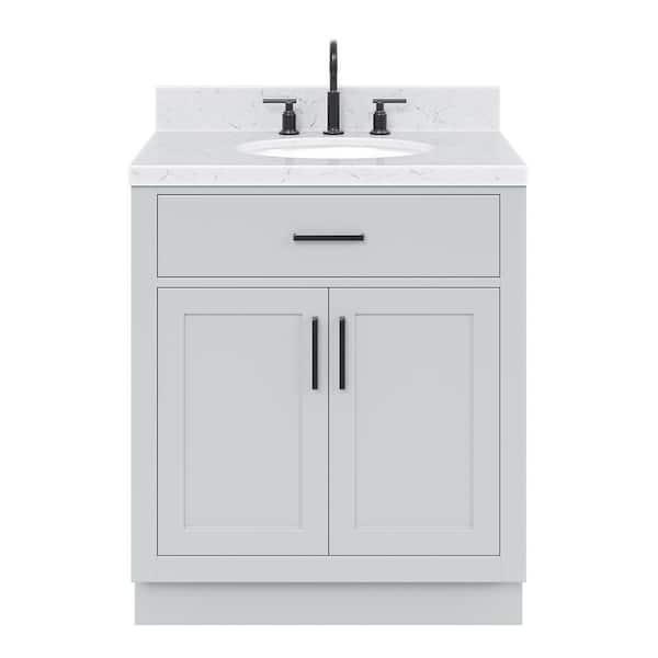 Hepburn 30 in. W x 22 in. D x 36 in. H Single Sink Freestanding Bath Vanity in Grey with Carrara Quartz Top