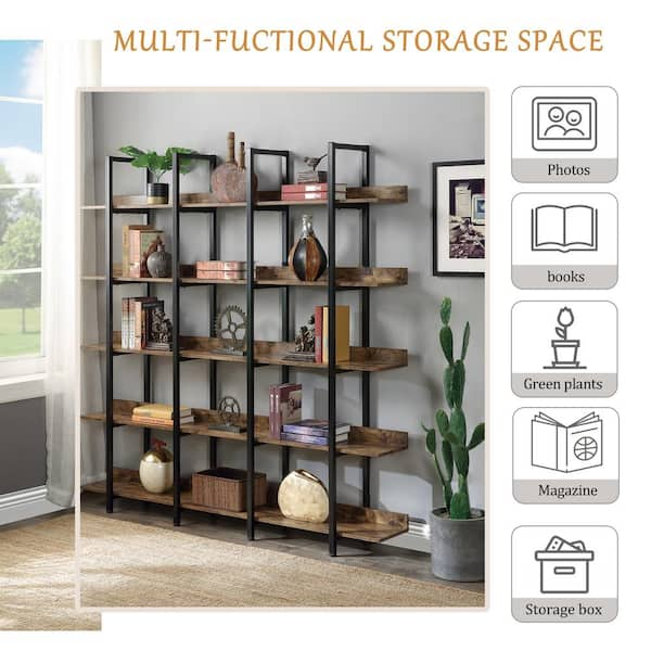 70.87 in Brown 5-Tier Standard Bookcase with Metal Frame SW